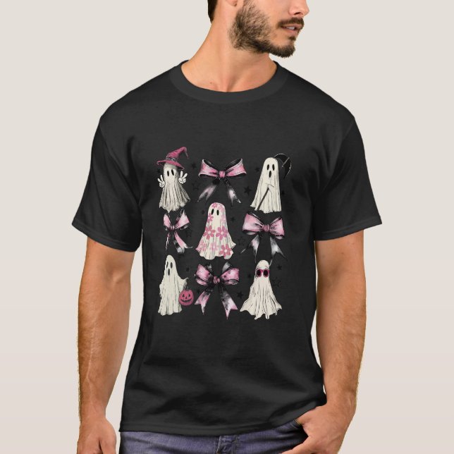 Halloween Coquette Ghosts Pink Bow Black Dark Goth T-Shirt (Front)