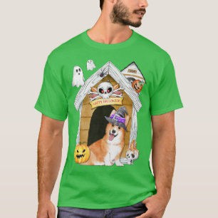 Halloween Corgi Dog Witch Haunted House  T-Shirt