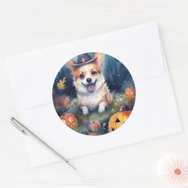 Halloween Corgi With Pumpkins Scary Classic Round Sticker (Envelope)