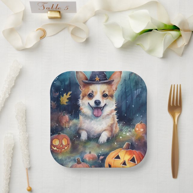 Halloween Corgi With Pumpkins Scary Paper Plate (Wedding)