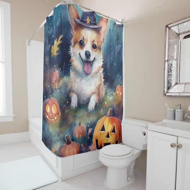 Halloween Corgi With Pumpkins Scary Shower Curtain (In Situ)