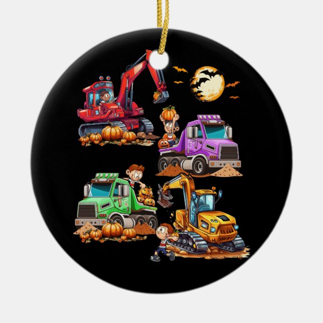 Halloween Costume Crane Truck Pumpkin Construction Ceramic Tree Decoration (Front)