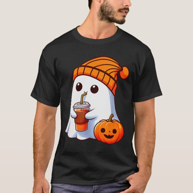 Halloween Costume Ghost Drinking Pumpkin Men Women T-Shirt (Front)
