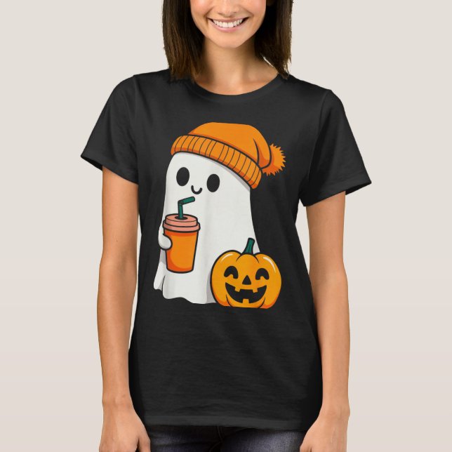 Halloween Costume Ghost Drinking Pumpkin Men Women T-Shirt (Front)