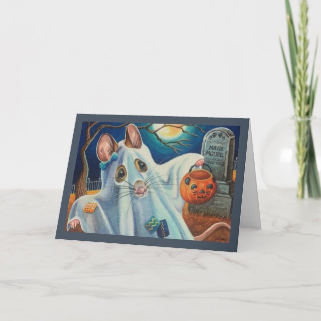 Halloween Costume Ghost Mouse Watercolor Art Card (Front)