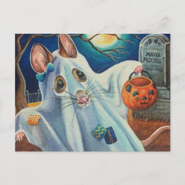 Halloween Costume Ghost Mouse Watercolor Art Postcard (Front)