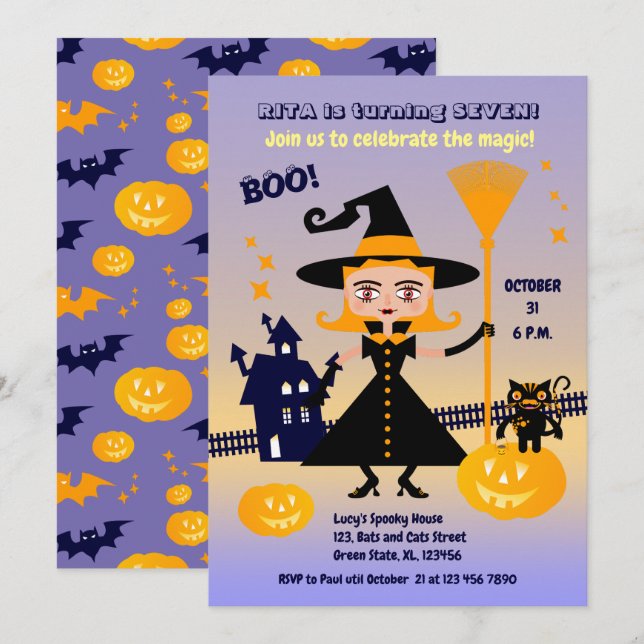 Halloween Costume Girl Witch Birthday Party Invitation (Front/Back)