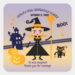 Halloween Costume Girl Witch Birthday Party Square Sticker