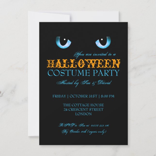 Halloween Costume Party Black Cat Blue Invitation (Front)