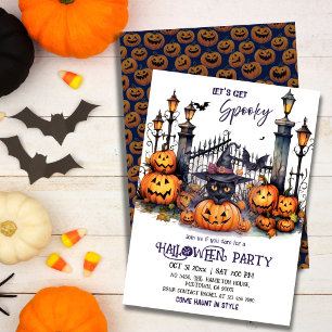 Halloween Costume Party Black Cat Witch Hat scary  Invitation