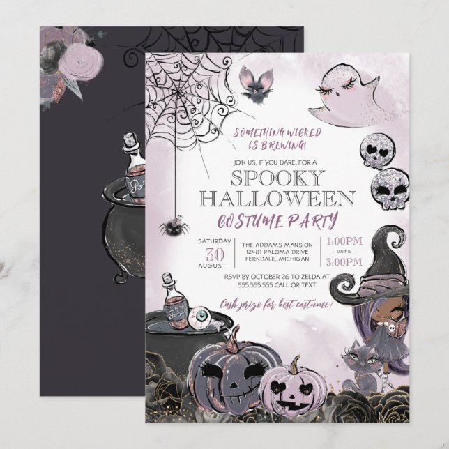 Halloween Costume Party Cute Spooky Witch Purple Invitation (Front/Back)