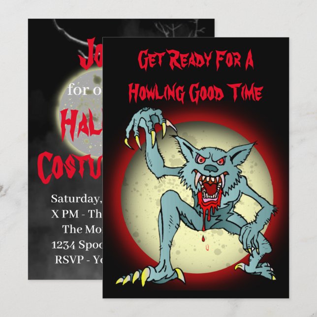 Halloween Costume Party Invitation with Werewolf  (Front/Back)