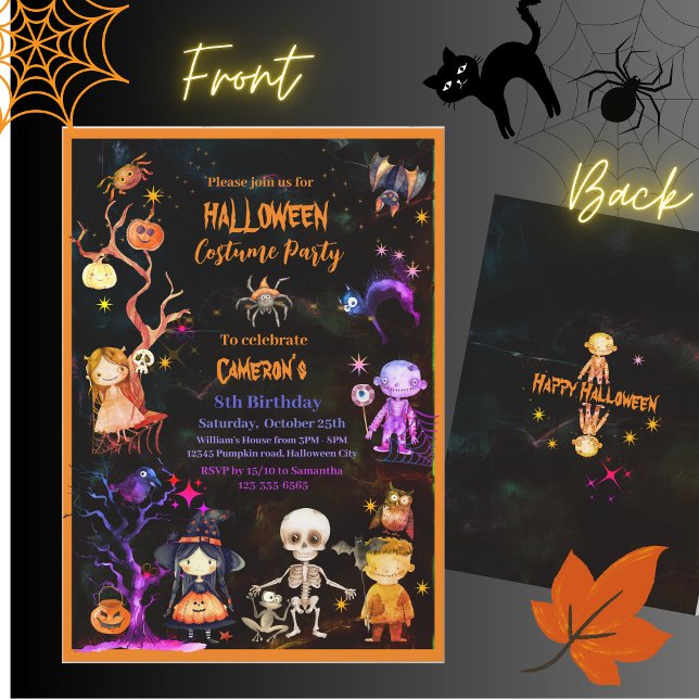 Halloween Costume Party Orange Purple Kids  Invitation (Halloween Costume Party Orange Purple Kids Invitation)