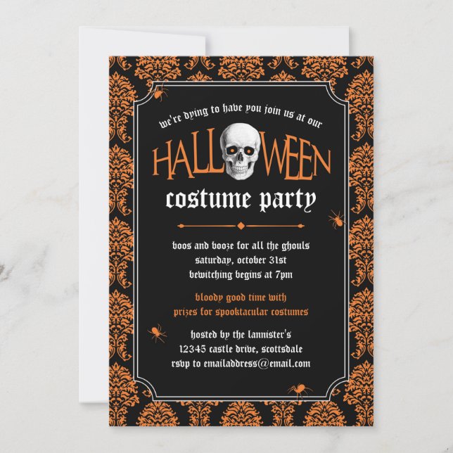 Halloween Costume Party Skull on Orange Damask Invitation (Front)