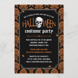Halloween Costume Party Skull on Orange Damask Invitation