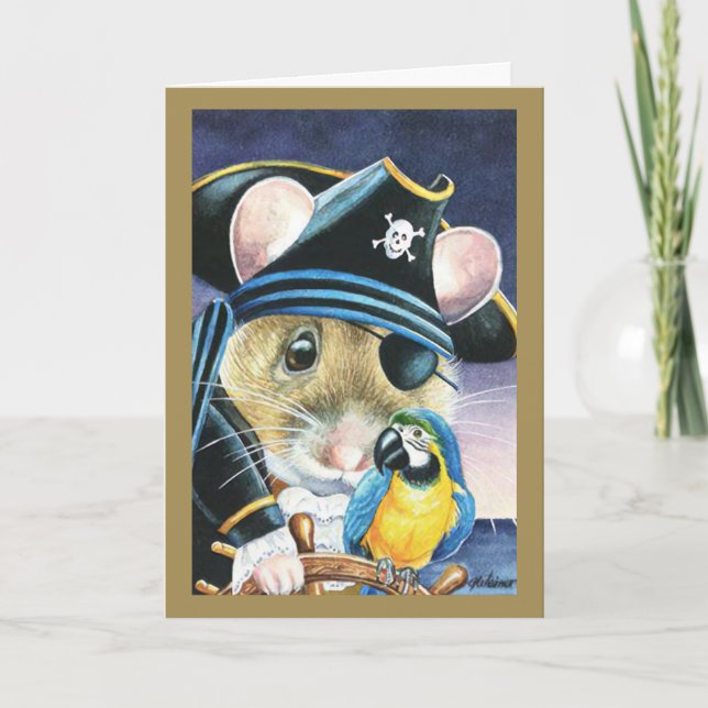 Halloween Costume Pirate Mouse Watercolor Art Card (Front)