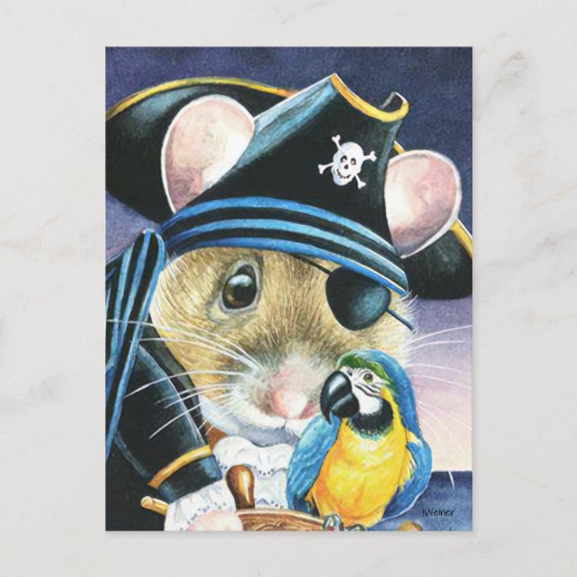 Halloween Costume Pirate Mouse Watercolor Art Postcard (Front)