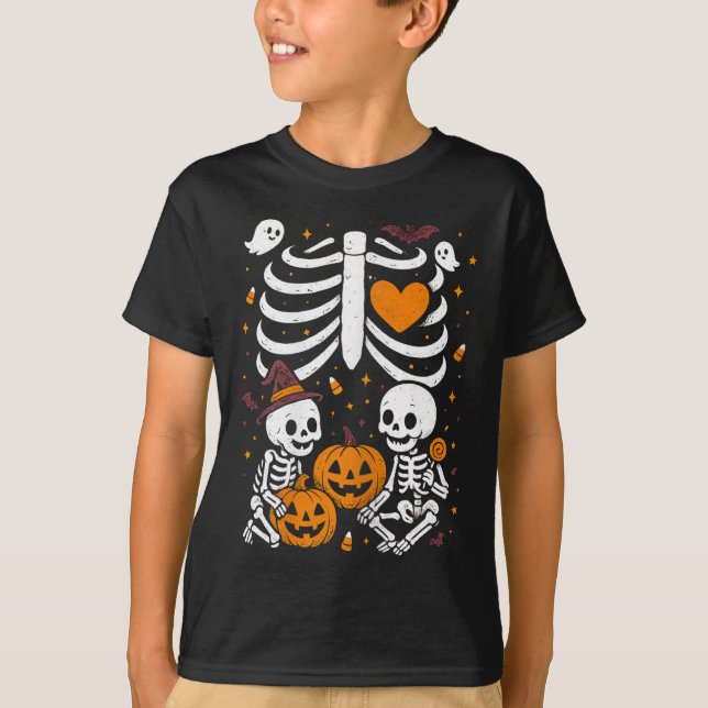 Halloween Costume Pregnant Woman Twins Pumpkin Rib T-Shirt (Front)