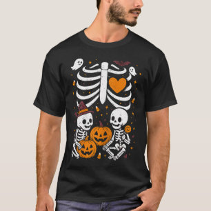 Halloween Costume Pregnant Woman Twins Pumpkin Rib T-Shirt