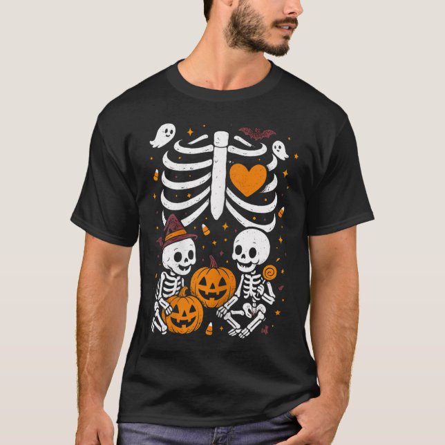 Halloween Costume Pregnant Woman Twins Pumpkin Rib T-Shirt (Front)