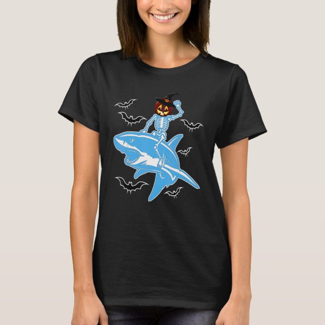 Halloween Costume  Skeleton Riding Shark Bats Cute T-Shirt (Front)