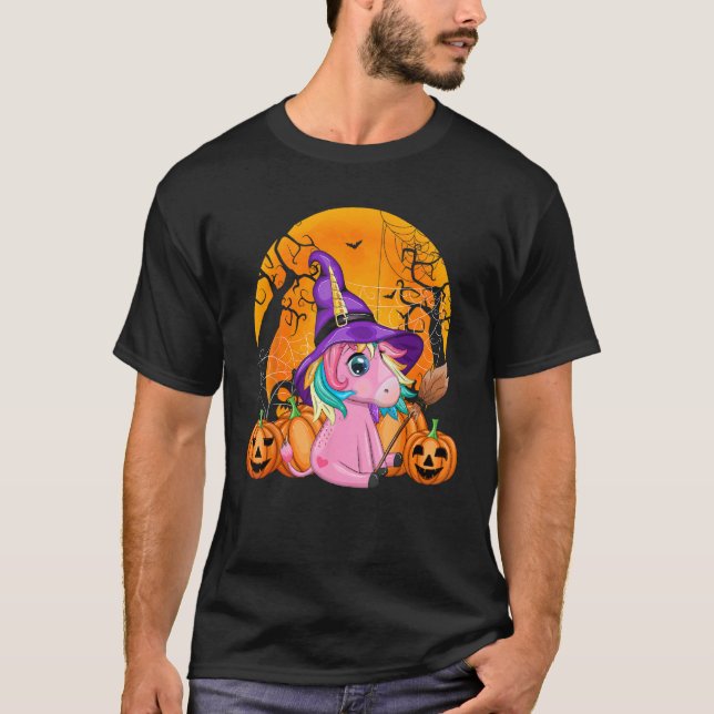 Halloween Costume Unicorn Witch Hat Pumpkin Kids G T-Shirt (Front)