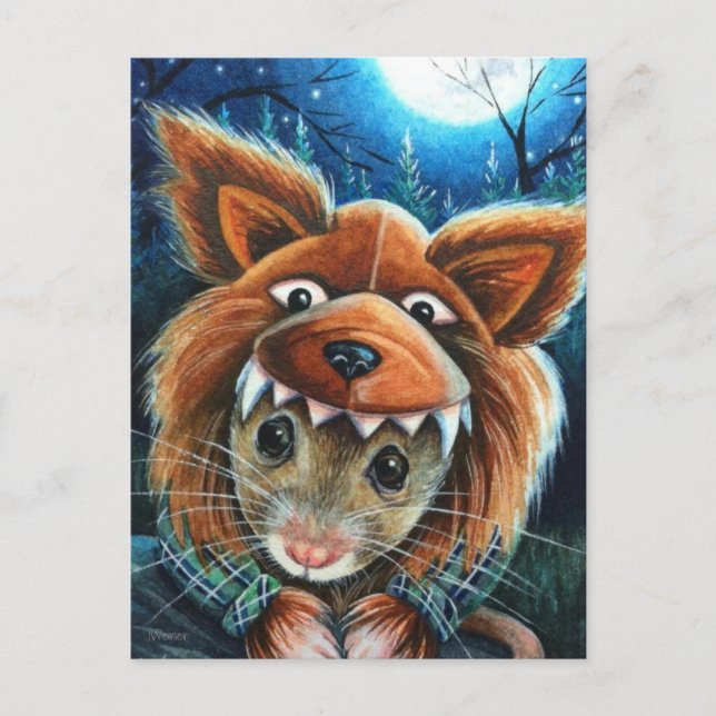 Halloween Costume Werewolf Mouse Watercolor Art Postcard (Front)