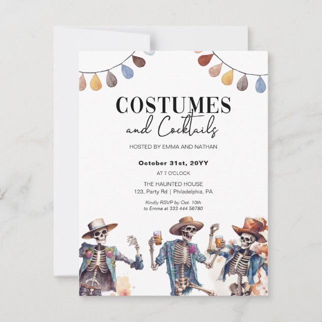 Halloween Costumes and Cocktails Skeleton invitati Announcement (Front)