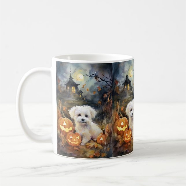 Halloween Coton De Tulear With Pumpkins Scary Coffee Mug (Left)