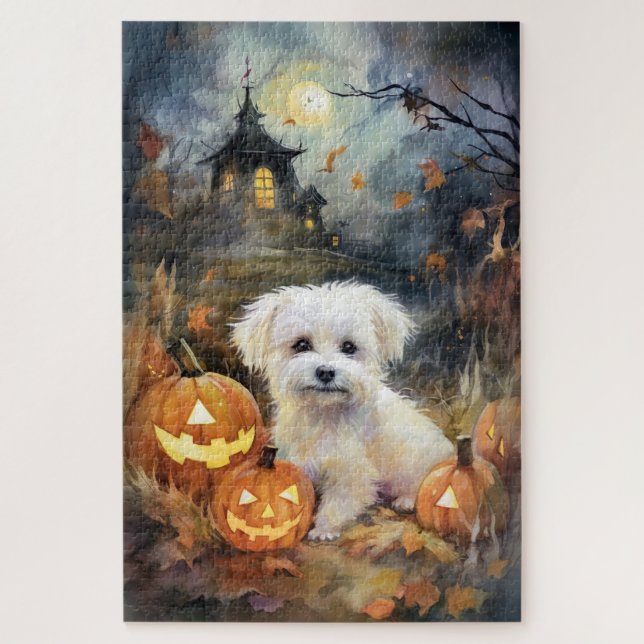 Halloween Coton De Tulear With Pumpkins Scary Jigsaw Puzzle (Vertical)