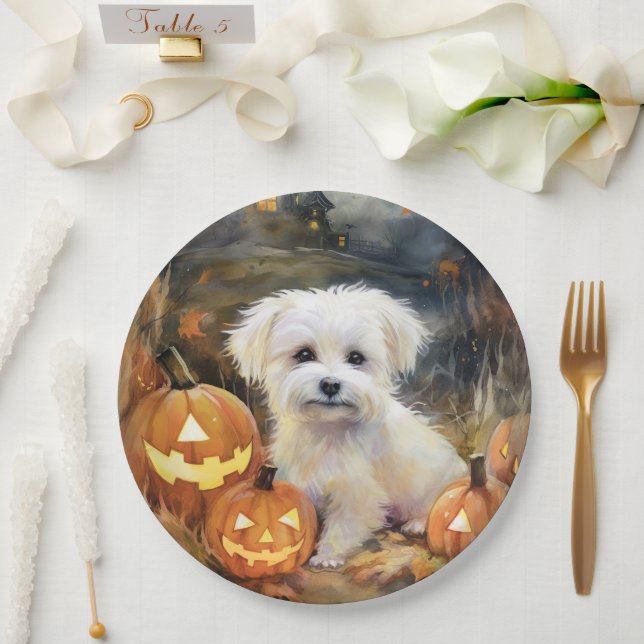 Halloween Coton De Tulear With Pumpkins Scary Paper Plate (Wedding)