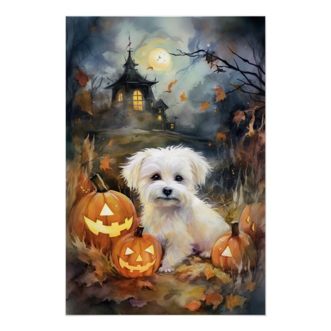 Halloween Coton De Tulear With Pumpkins Scary Poster (Front)