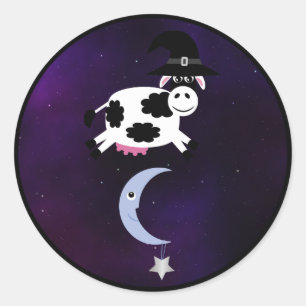 Halloween Cow with Witches Hat Jumping over Moon Classic Round Sticker