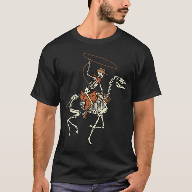 Halloween Cowboy Horse Skeleton Costume Men Boys T-Shirt (Front)