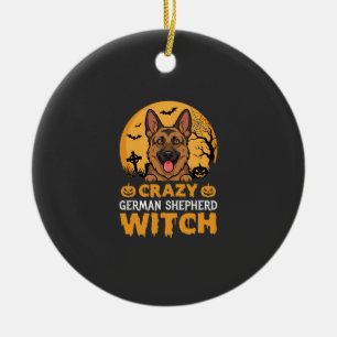 Halloween Crazy German Shepherd Witch Design Ceramic Tree Decoration