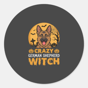 Halloween Crazy German Shepherd Witch Design Classic Round Sticker