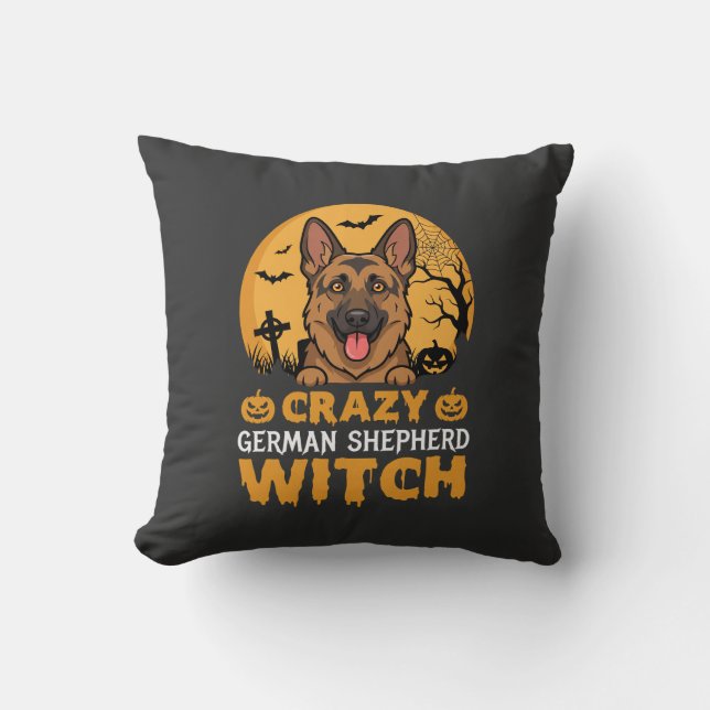 Halloween Crazy German Shepherd Witch Design Cushion (Front)