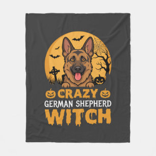 Halloween Crazy German Shepherd Witch Design Fleece Blanket