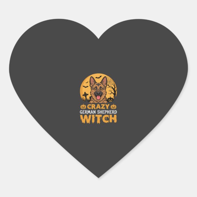 Halloween Crazy German Shepherd Witch Design Heart Sticker (Front)