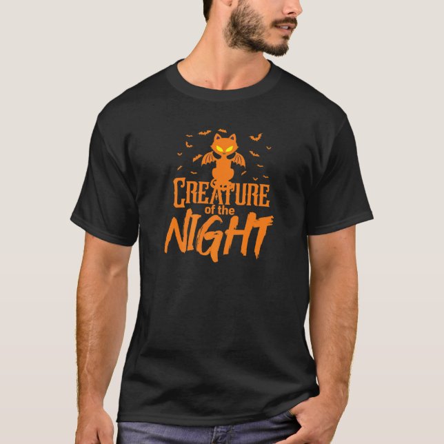 Halloween Creature Of The Night Scary Cat Bats T-Shirt (Front)