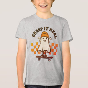 Halloween Creep It Real Cute Ghost Skateboard Tri-Blend Shirt