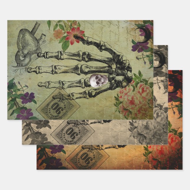 Halloween Creepy Anatomy and Pink Flowers Ephemera Wrapping Paper Sheet (Set)