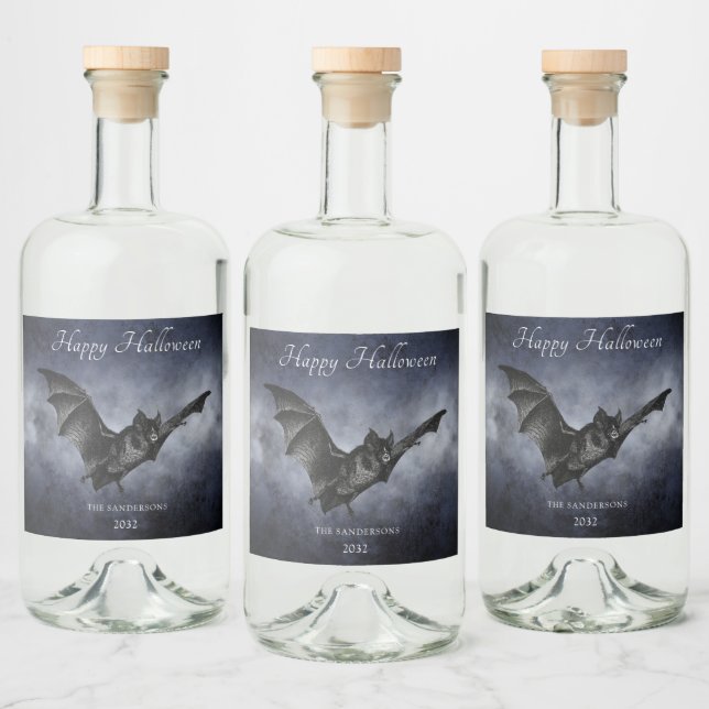 Halloween Creepy Bat Flying Personalised Dark Navy Liquor Bottle Label (Bottles)