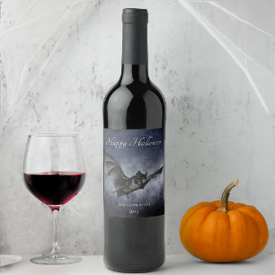 Halloween Creepy Bat Flying Personalised Dark Navy Wine Label