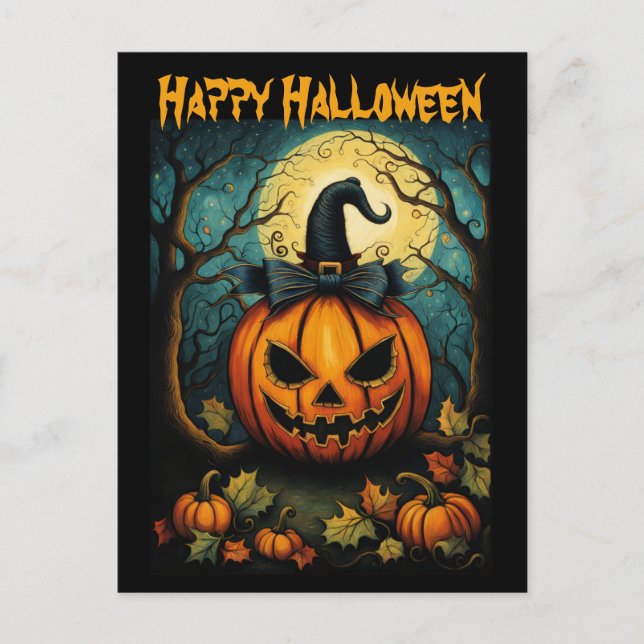 Halloween Creepy Bow Pumpkin Black Postcard (Front)