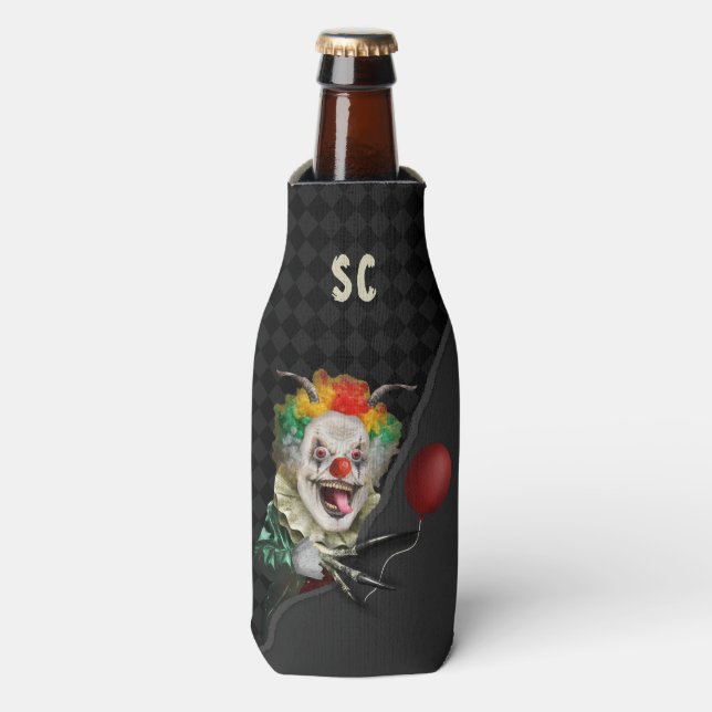 Halloween Creepy Clown Scary Circus Monogrammed Bottle Cooler (Bottle Front)