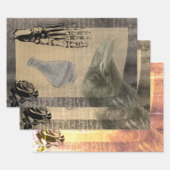 Halloween Creepy Crow Vintage Ephemera  Wrapping Paper Sheet (Set)