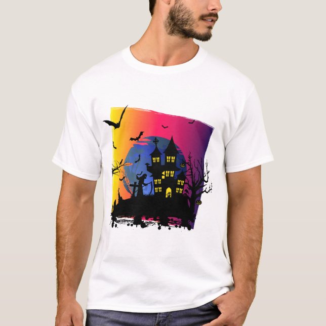Halloween creepy design with witch haunted house T-Shirt (Front)