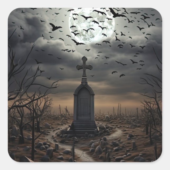 Halloween Creepy Graveyard Cemetery Gothic Square Sticker (Front)
