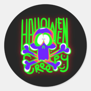 Halloween Creepy Green Blue Skull Glow Effect Classic Round Sticker